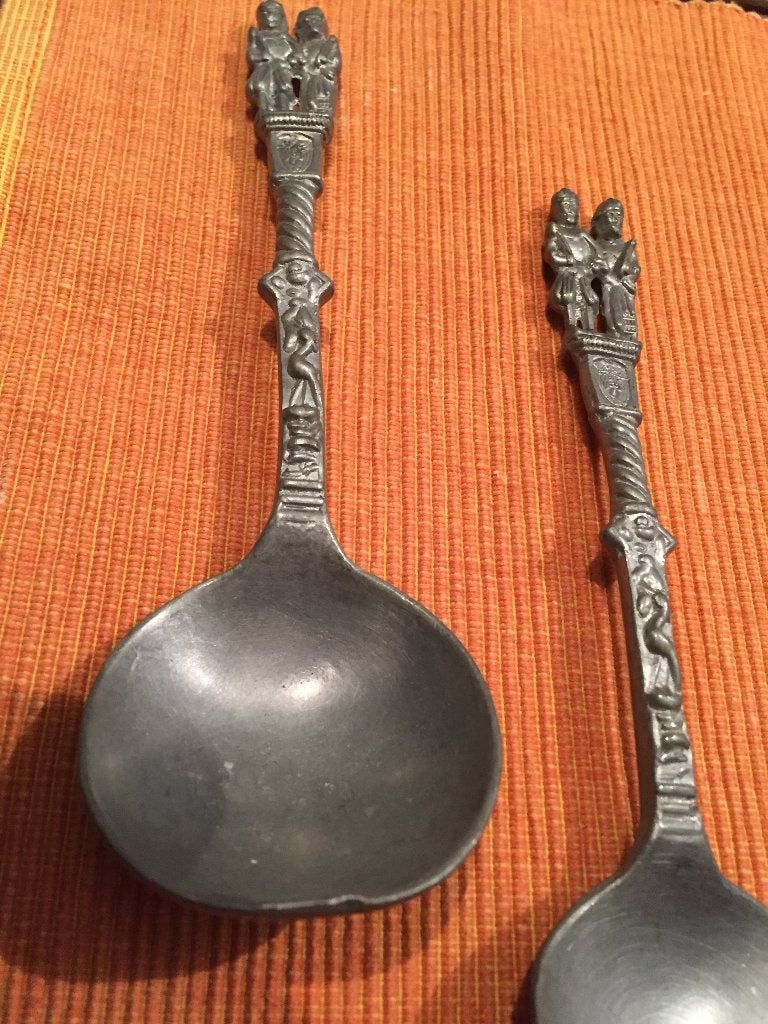Set van 6 antieke tinnen lepels met figuren, Ophalen of Verzenden