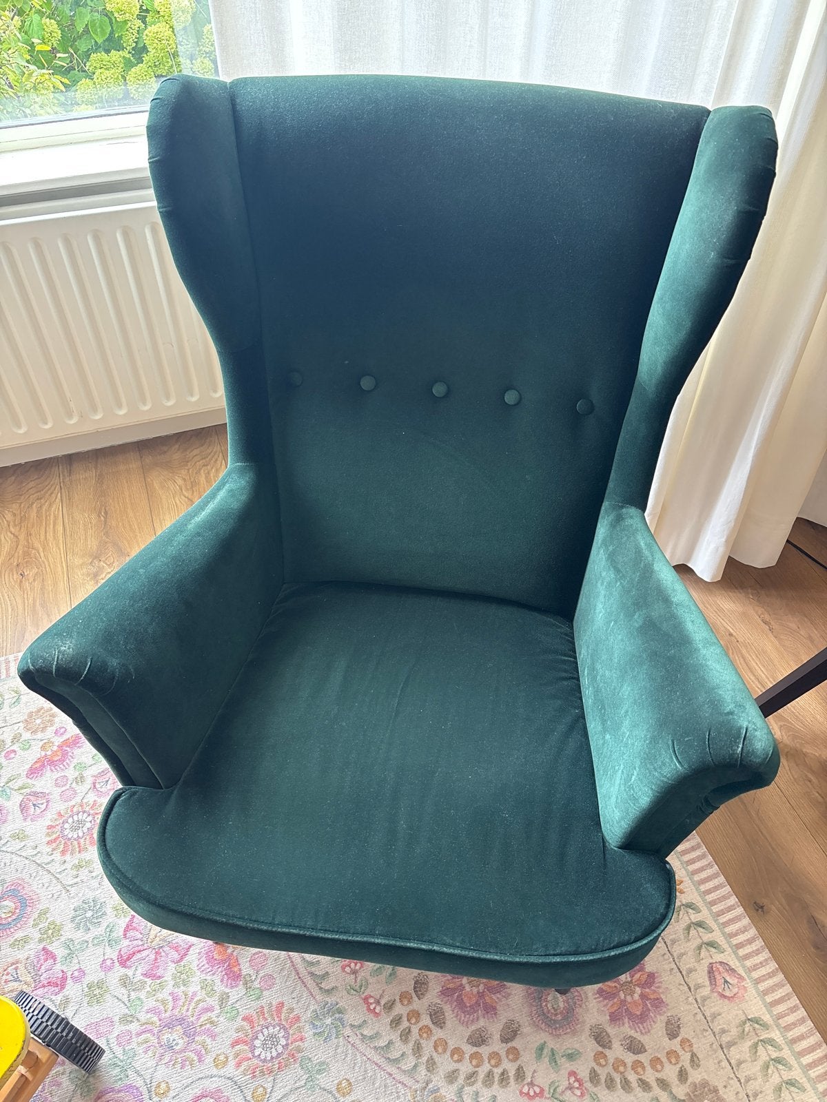 Velvet groene oorfauteuil Ikea Strandmon, Ophalen, Gebruikt, Stof, 75 tot 100 cm
