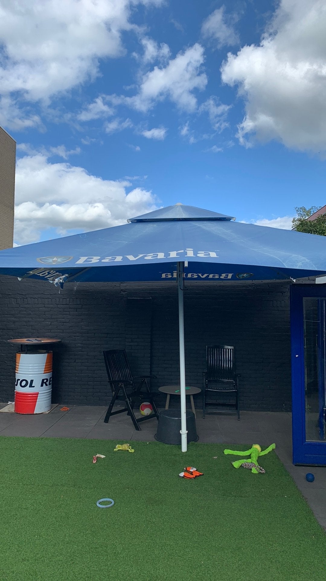 Grote Bavaria parasol 4x4, Ophalen, Gebruikt, 3 tot 4 meter, Stokparasol