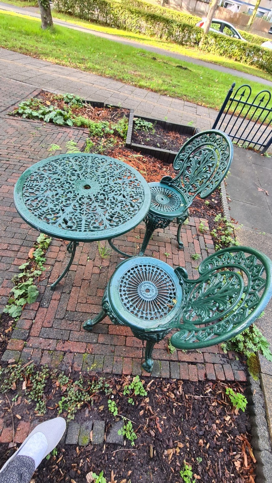 Vintage gietijzeren tuin bistro setje, Ophalen, Gebruikt, Overige materialen, 2 zitplaatsen