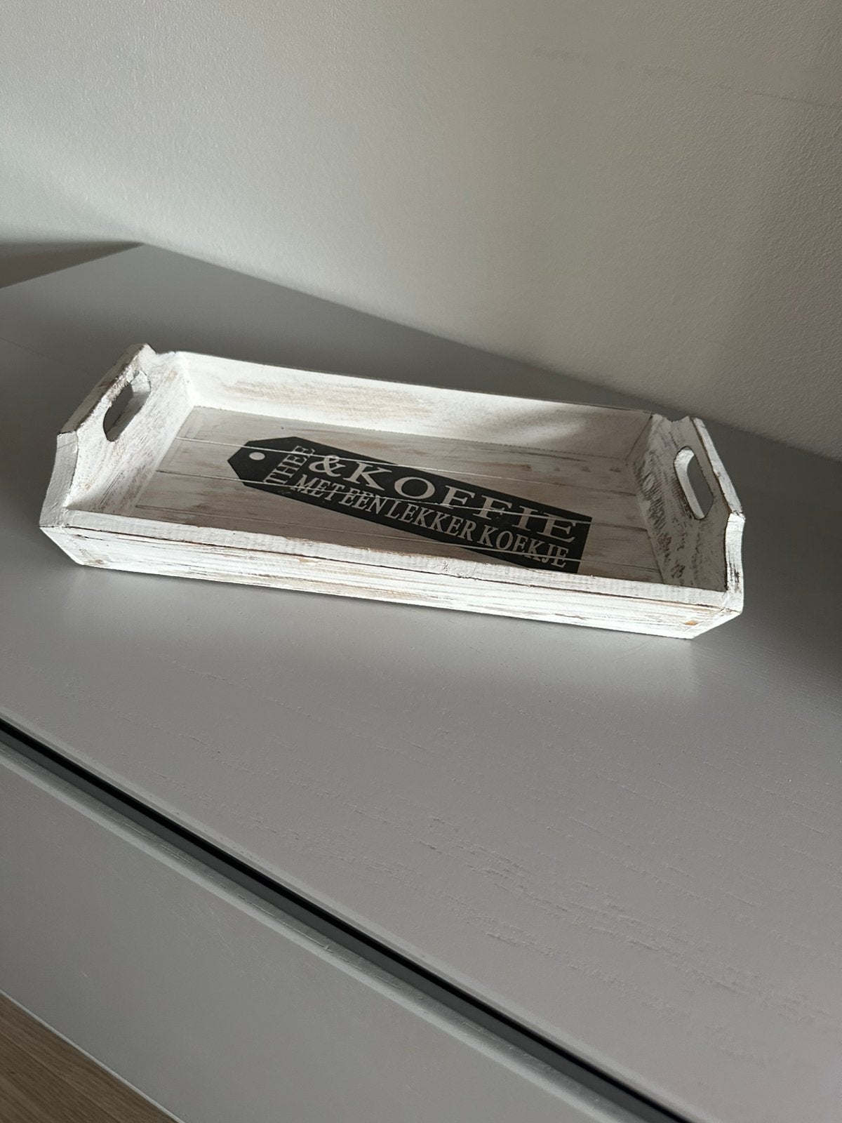 Houten, white wash dienblad., Huis en Inrichting, Woonaccessoires | Dienbladen, Ophalen of Verzenden, Zo goed als nieuw, Rechthoekig