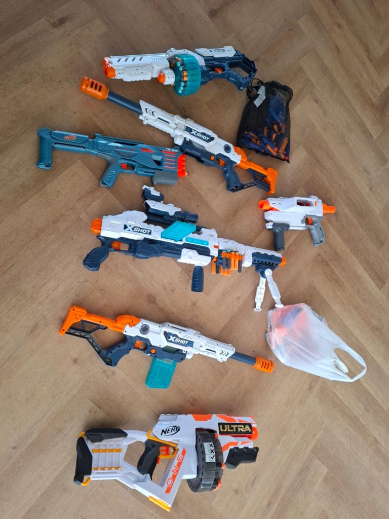 Grote Nerf en X-Shot Blaster Collectie met Accessoires, Ophalen, Gebruikt, Jongen of Meisje