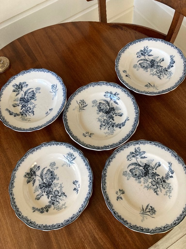 5 Antieke Diepe Borden met Blauwe Bloem, Sarreguemines, Ophalen of Verzenden