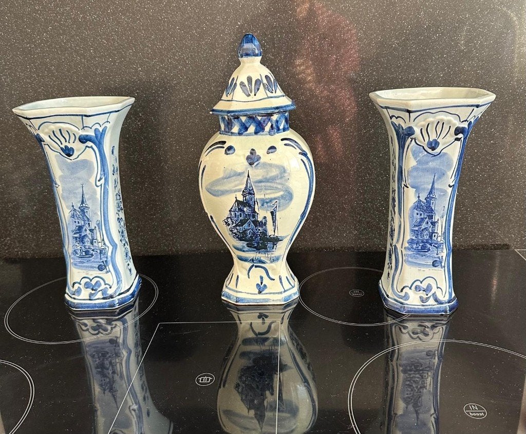 Groot driedelig Delfts blauw kaststel – vazen 30cm – vintage, Antiek en Kunst, Ophalen