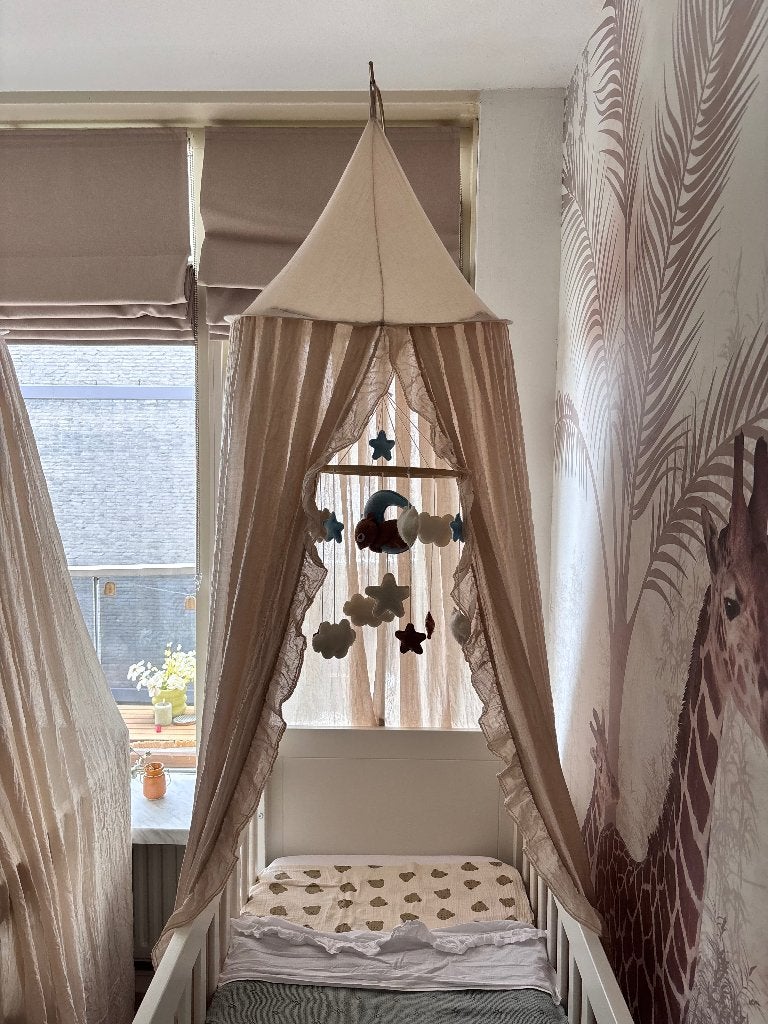 Jollein Vintage Ruffle Nougat hemeltje met standaard, Jollein, Zo goed als nieuw, Inclusief standaard, Klamboe