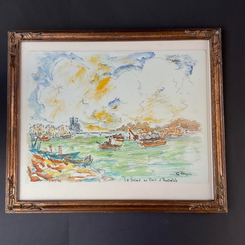 Parijs, authenthiek kunstwerk in prachtige lijst met glas, Ophalen of Verzenden