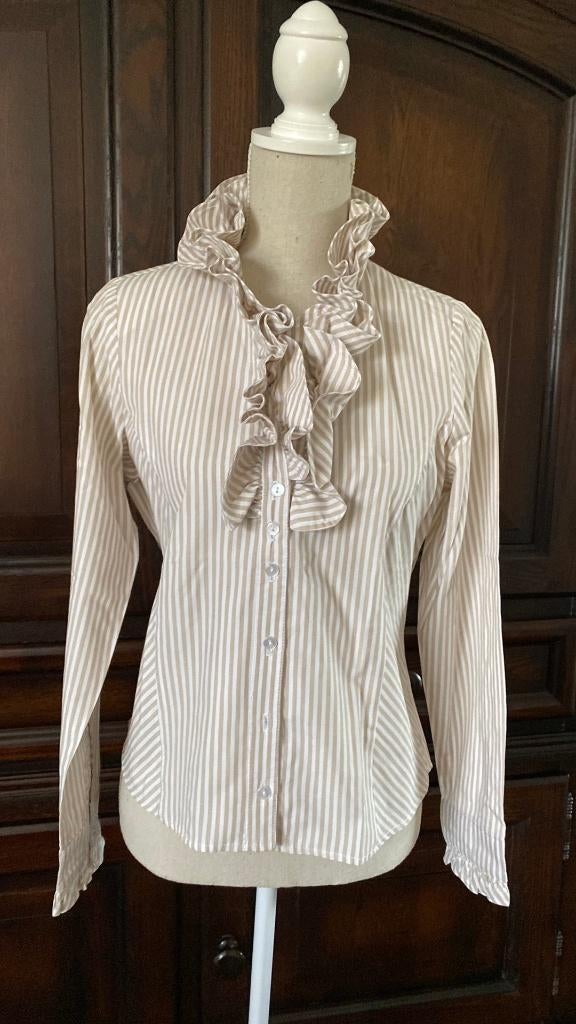 Blouse met Roezel kraag Maat 38 Blu*El Beige-Wit gestreept, Beige, Ophalen of Verzenden, Zo goed als nieuw, Blu*El