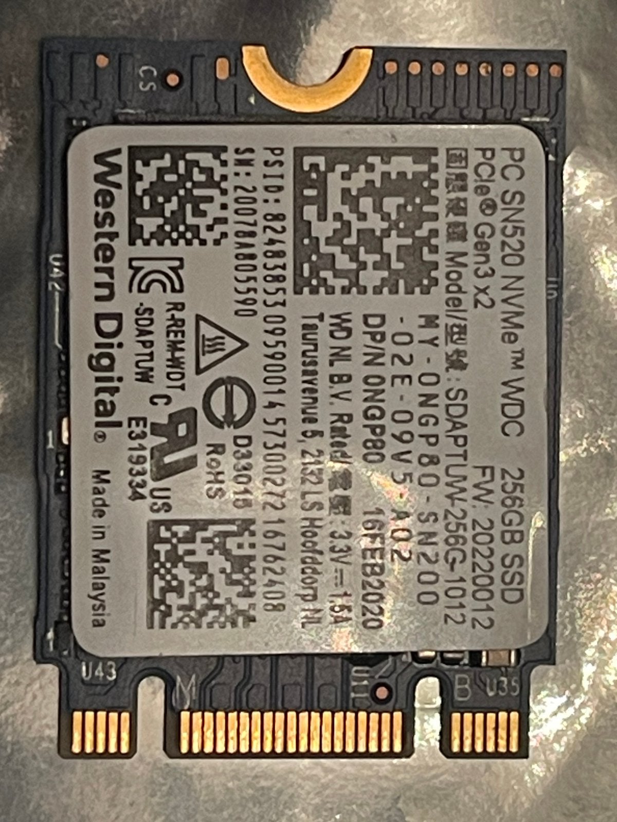 Western Digital PC SN520 256GB NVMe SSD M.2 2230 PCIe Gen3, Ophalen of Verzenden, Zo goed als nieuw, Laptop, Overige aansluitingen