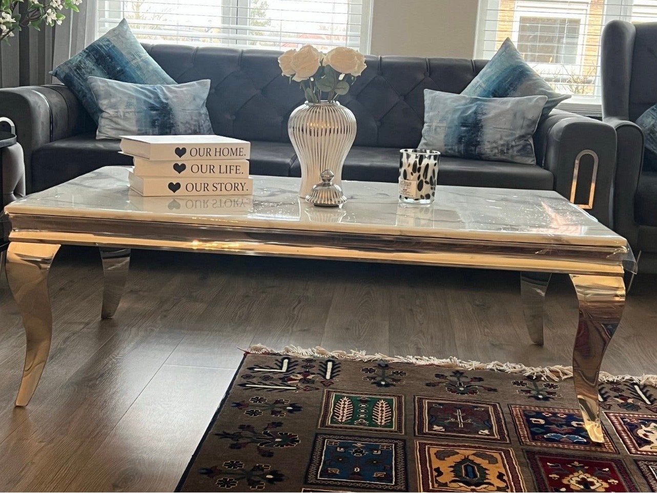 Luxe Grijze Bankstel met Marmeren Salontafel en Eettafel, Ophalen, 250 tot 300 cm, 75 tot 100 cm, Zo goed als nieuw