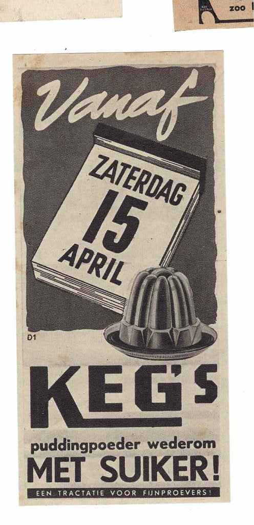 Vanaf Zaterdag 15 April 1944 KEG' s Puddingpoeder met suiker, Verzenden, Zo goed als nieuw, Overige typen