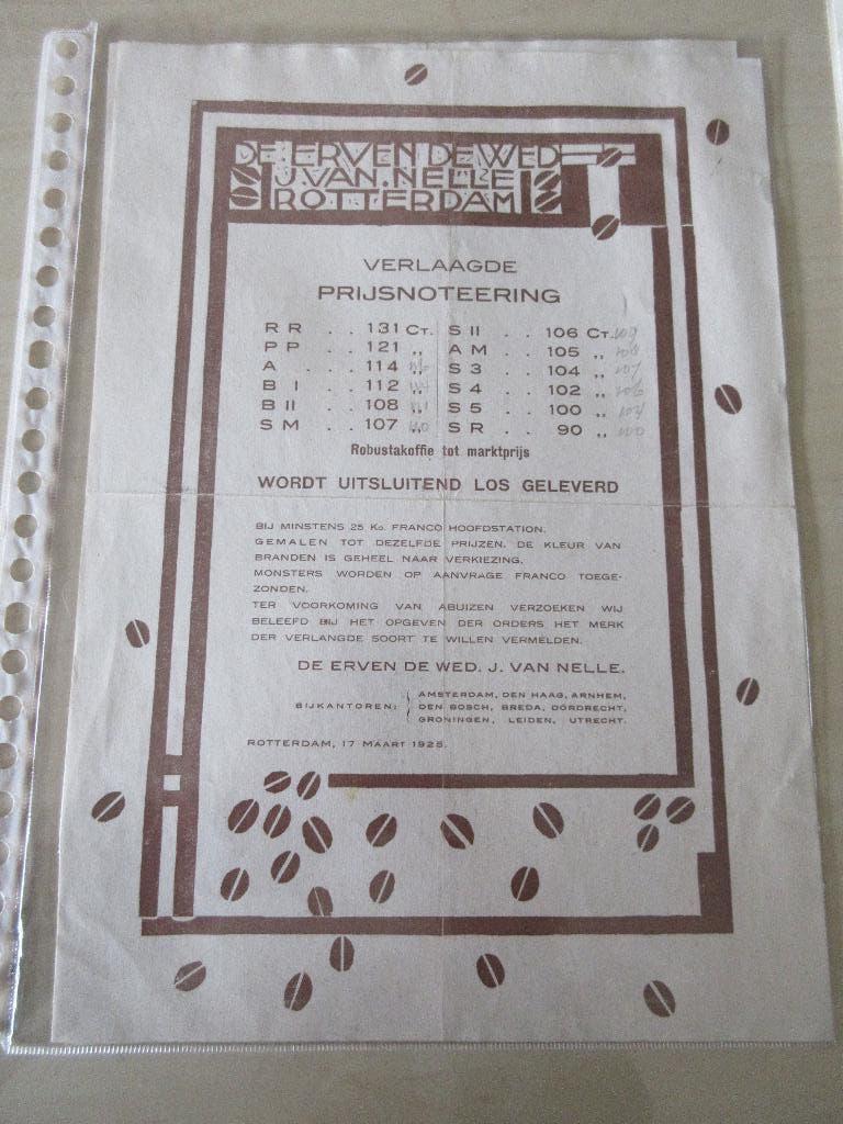 Van Nelle koffie prijslijst winkelfolder van 17 maart 1925, Ophalen of Verzenden, Zo goed als nieuw, Reclamebord