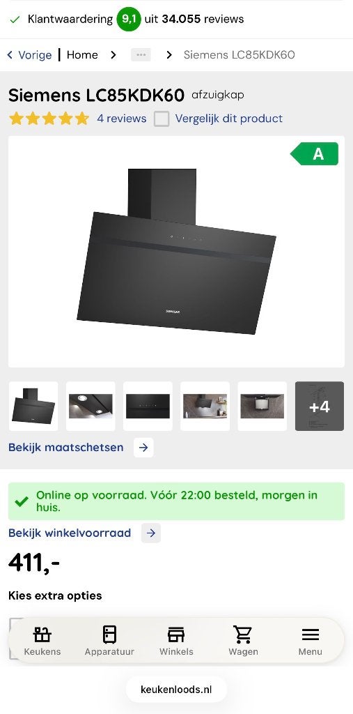 Siemens schuine afzuigkap, Witgoed en Apparatuur, Afzuigkappen, Ophalen, Wandschouwkap, Nieuw, 400 tot 600 m³ per uur
