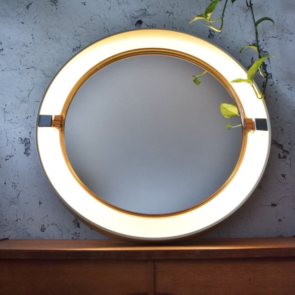 Vintage Space-Age Allibert verlichtte spiegel, jaren 70, Huis en Inrichting, Ophalen, Rond, Zo goed als nieuw, Minder dan 100 cm