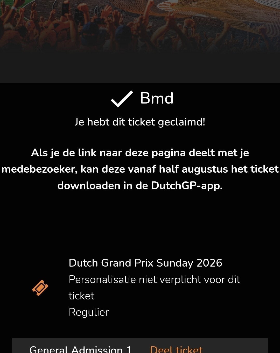 1 kaart zondag General admission 1, Tickets en Kaartjes, Twee personen