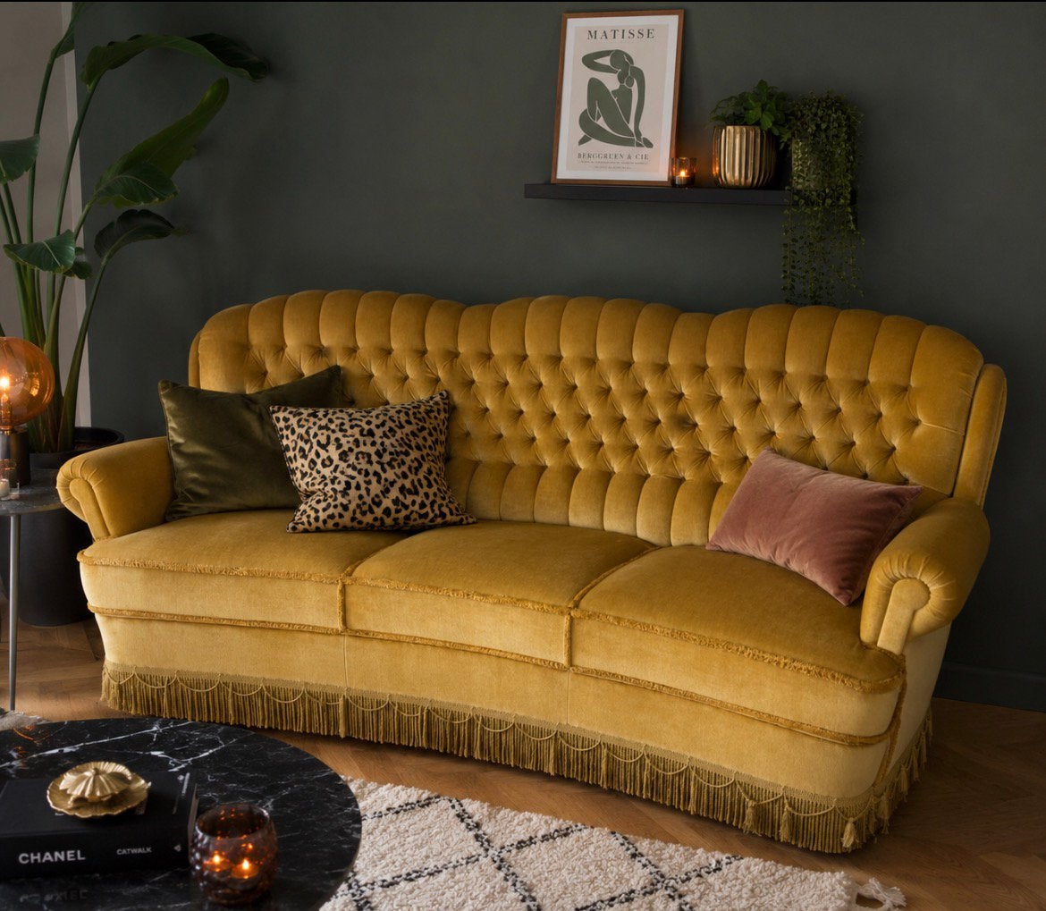 Vintage bank fauteuils goud/ oker velours franjes barok, Ophalen