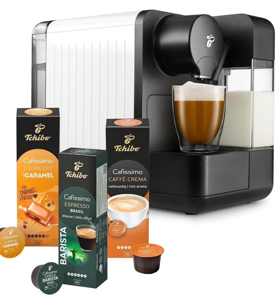 Tchibo Cafissimo "milk" capsulemachine + melkopschuimer, Stoompijpje, Koffiepads en cups, 10 kopjes of meer, Koffiemachine