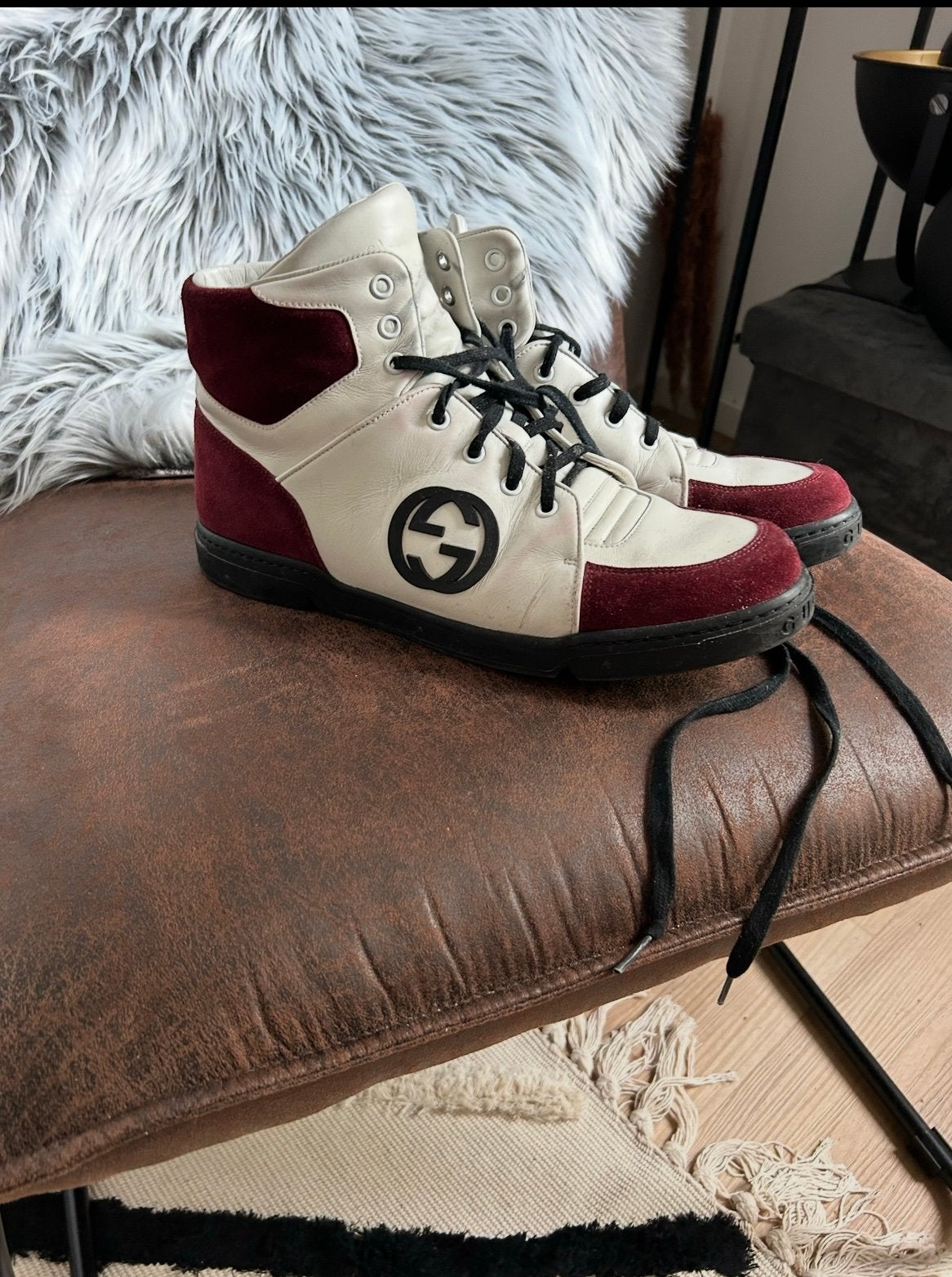 Gucci High top sneakers, Wit leer en suede Bordeaux rood, Verzenden, Zo goed als nieuw, Wit