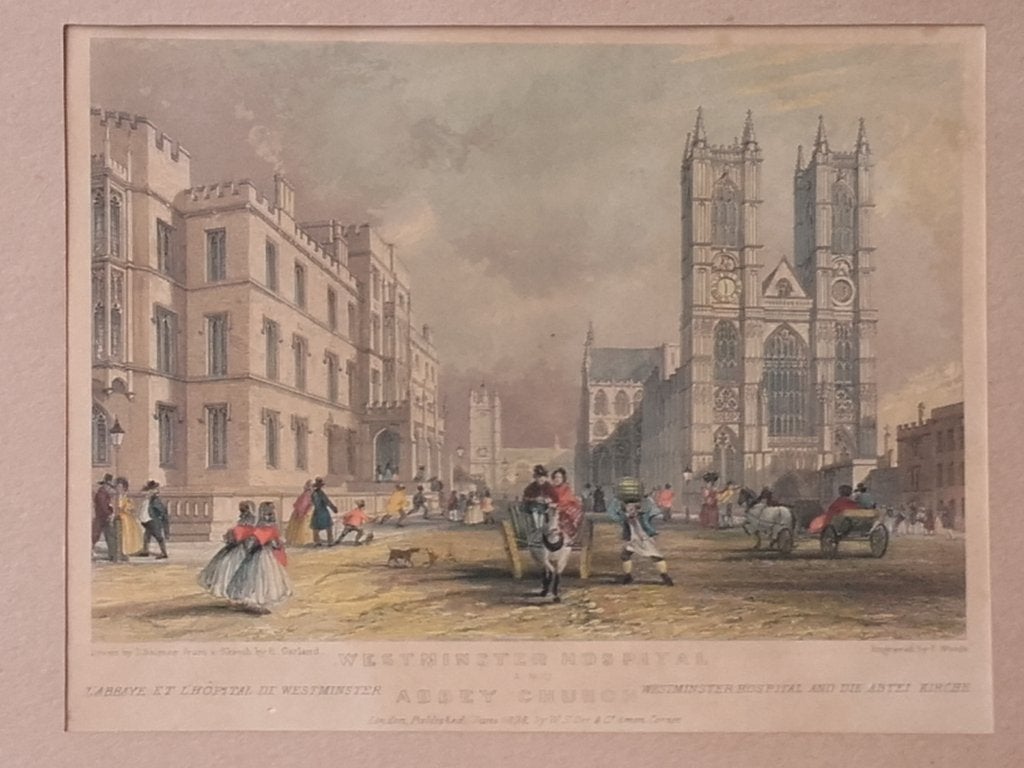Mooie antieke ets uit Engeland van het Westminster hospital., 1800 - 1899, Ets, Stadsgezicht, Handgekleurd