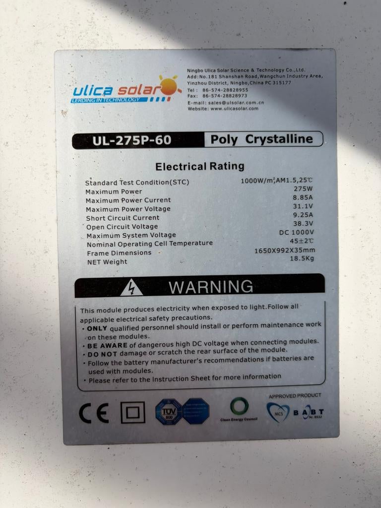 18 zonnepanelen 250wp en 275wp - Alleen in 1 koop!, Ophalen, Gebruikt, Paneel, 200 wattpiek of meer