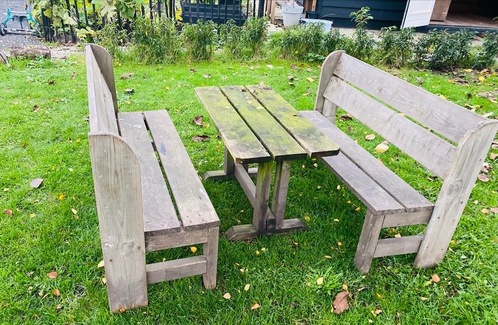 Houten kinder picknickset met bankjes, Kinderpicknicktafel, Gebruikt, Ophalen of Verzenden, Rechthoekig