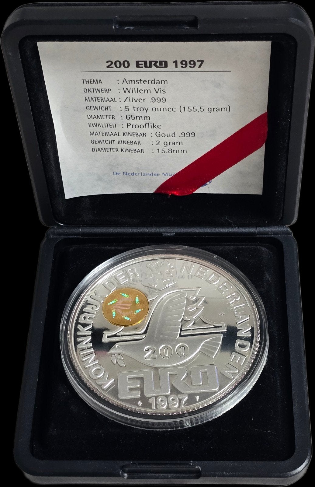 Zilveren 200 Euro 1997 Amsterdam Munt met Gouden Inzet, Postzegels en Munten, Koningin Beatrix, Euro's, Goud, Ophalen of Verzenden