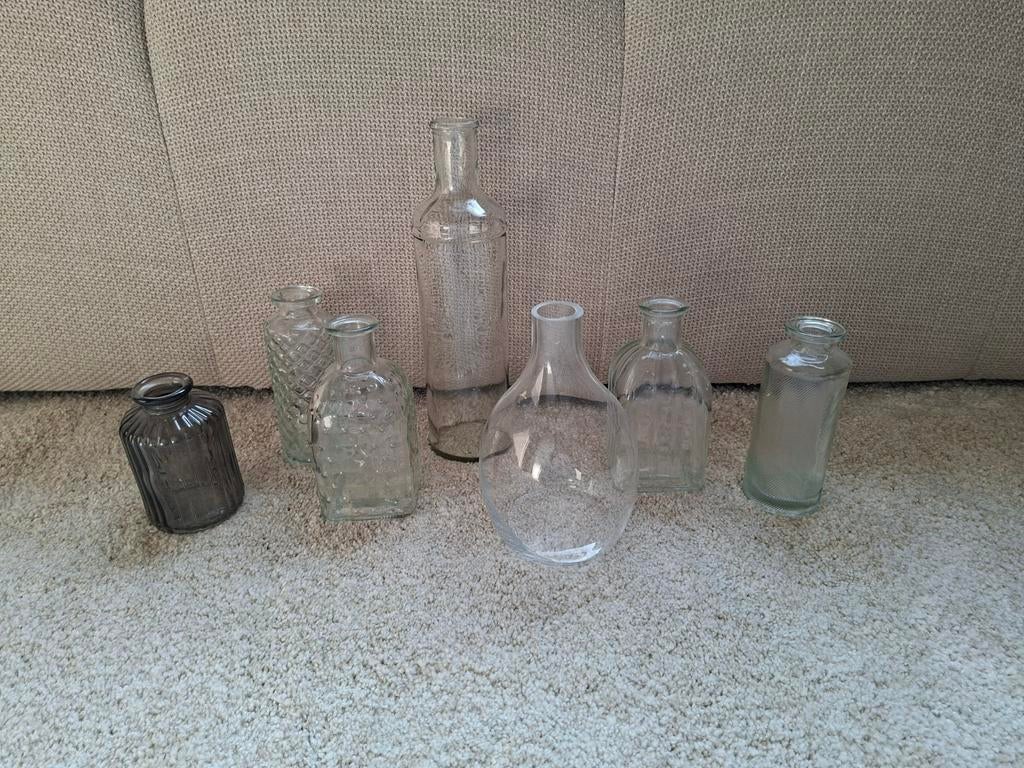 Diverse glazen potjes en flesjes voor bruiloft decoratie, Ophalen of Verzenden