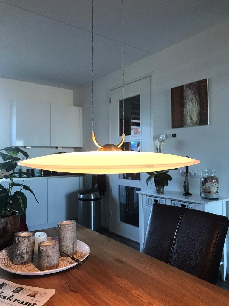 Hanglamp, ufo-model, dimbaar, Ophalen, Gebruikt, Glas, Messing met matglas