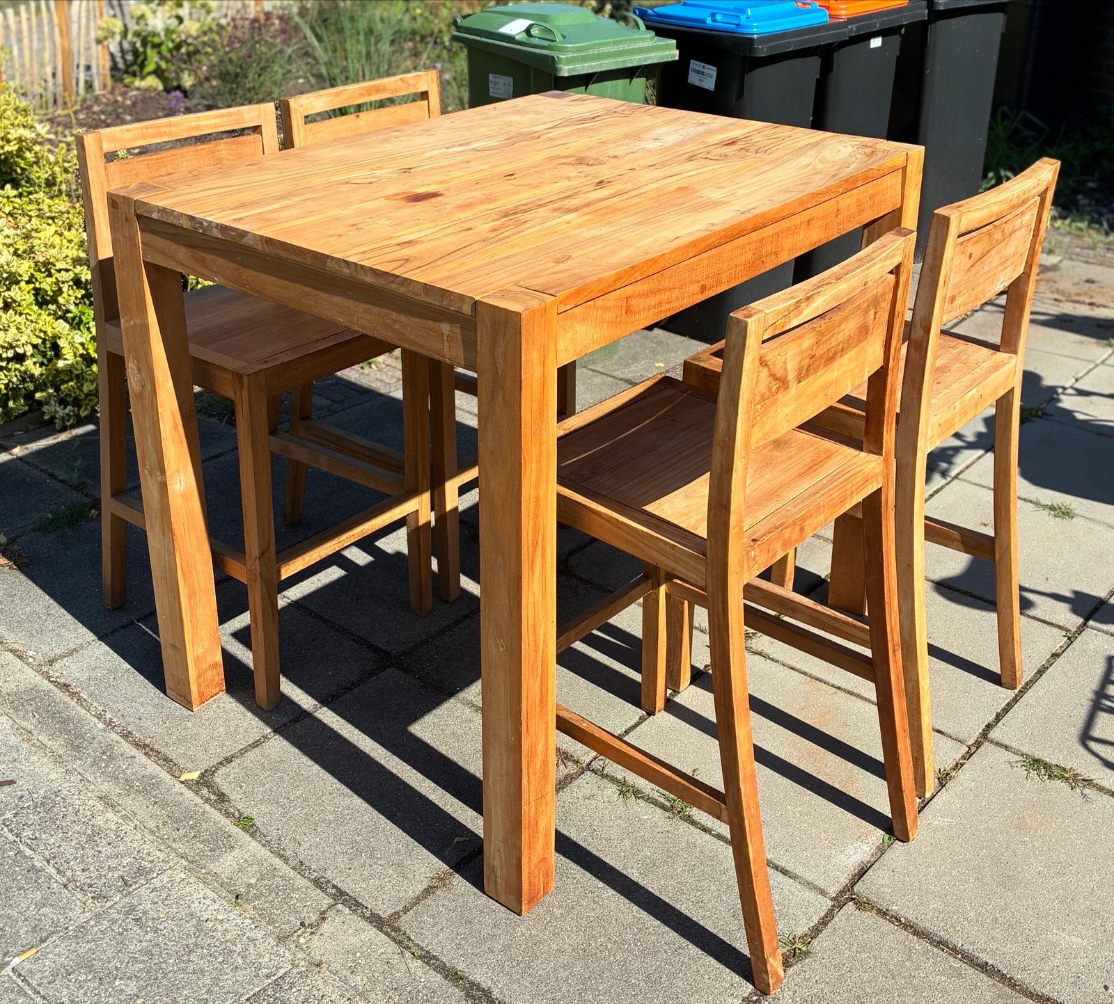 Houten bartafel met 4 barkrukken, Ophalen, Gebruikt, 90 cm of meer, 4 krukken