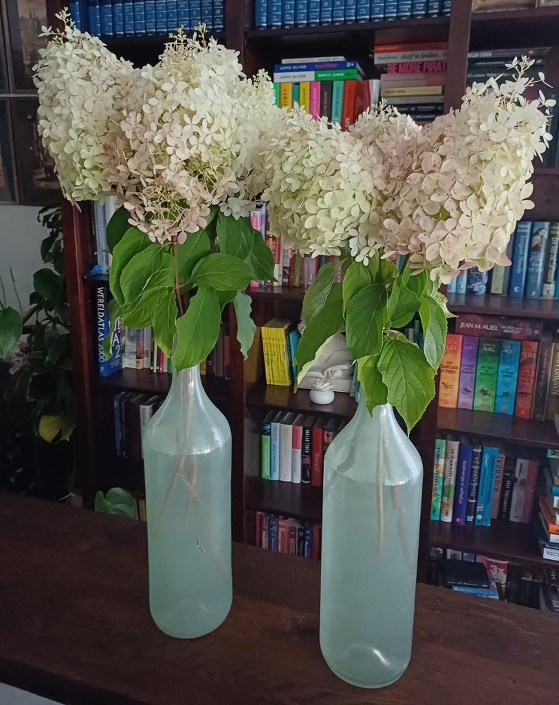 2x lichtblauwe vaas 50 cm, Overige kleuren, Ophalen of Verzenden, Minder dan 50 cm, Glas