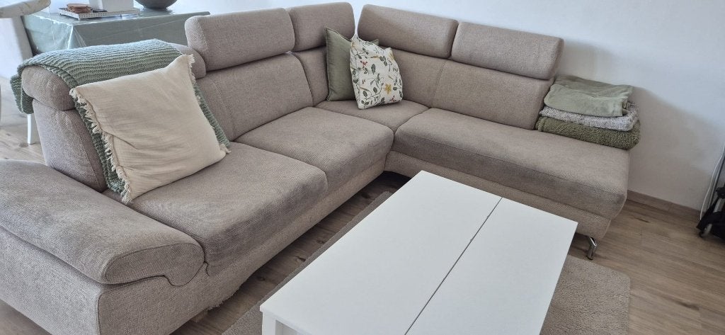 Montèl hoekbank beige, Ophalen, 250 tot 300 cm, Gebruikt, Hoekbank