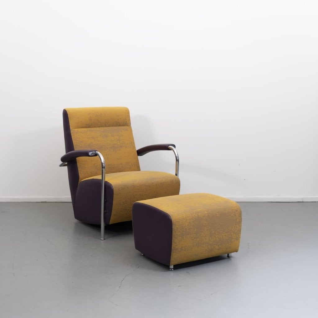 Leolux Scylla Hoog Fauteuil Geel/Paars Stof + Hocker, Niet ingevuld, Zo goed als nieuw, Niet ingevuld, Niet ingevuld