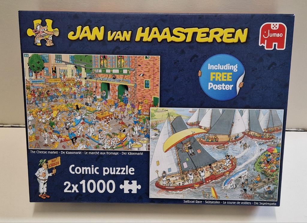 Jan van Haasteren- De kaasmarkt/Skutsjesilen 2x1000 stukjes, Hobby en Vrije tijd, Ophalen of Verzenden, 500 t/m 1500 stukjes, Zo goed als nieuw