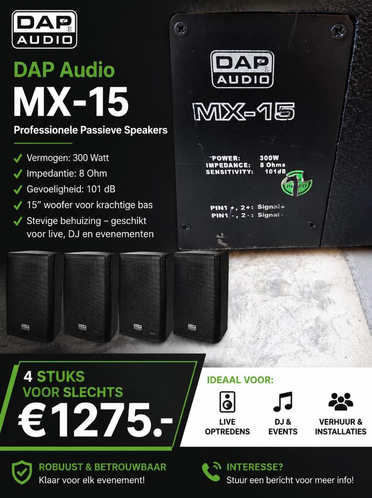 vloermonitor 4 x DAP MX-15 15″ Coaxial Monitor P) DAP MX-15, Gebruikt, 120 watt of meer, Front, Rear of Stereo speakers, Ophalen