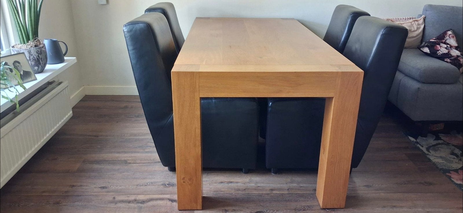 Eettafel + leren stoelen, Huis en Inrichting, Ophalen, 50 tot 100 cm, Zo goed als nieuw, 150 tot 200 cm