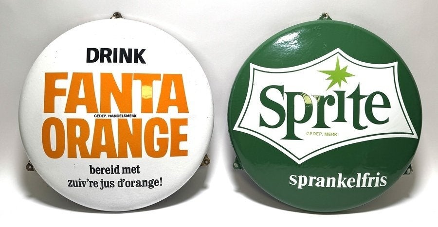 200. Vintage emaille borden Fanta Orange en Sprite, ca. 1970, Ophalen