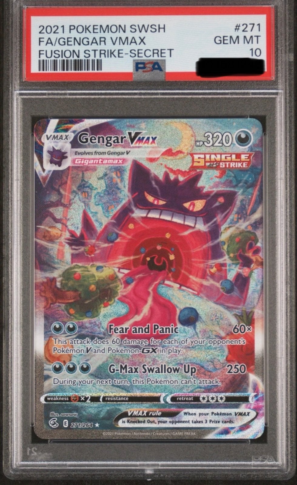 Gengar VMAX 271 Fusion Strike Secret Rare PSA 10, Ophalen of Verzenden, Zo goed als nieuw, Losse kaart, Foil