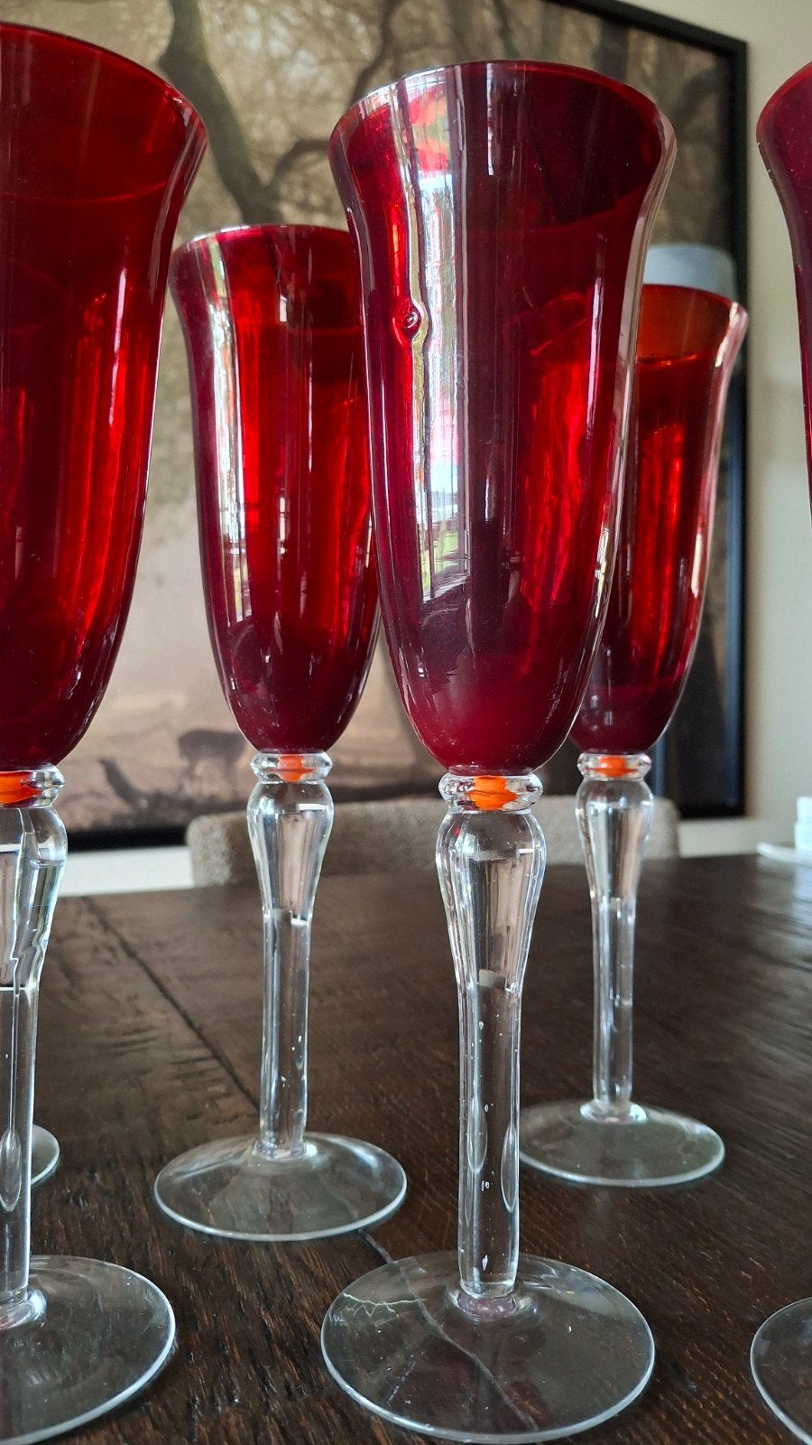 6 Rode Champagne/Prosecco Glazen met Bijzondere Vormgeving, Ophalen of Verzenden