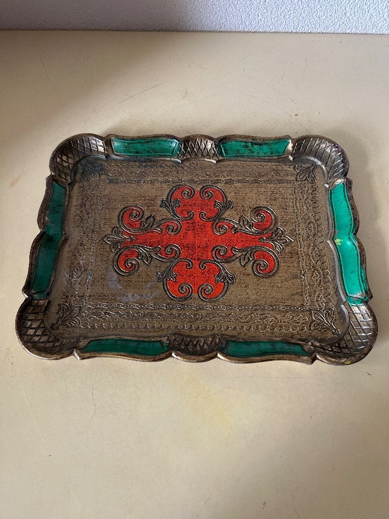 Vintage Florentijns Dienblad Goud Groen Rood, Ophalen of Verzenden, Zo goed als nieuw, Rechthoekig, Dienblad
