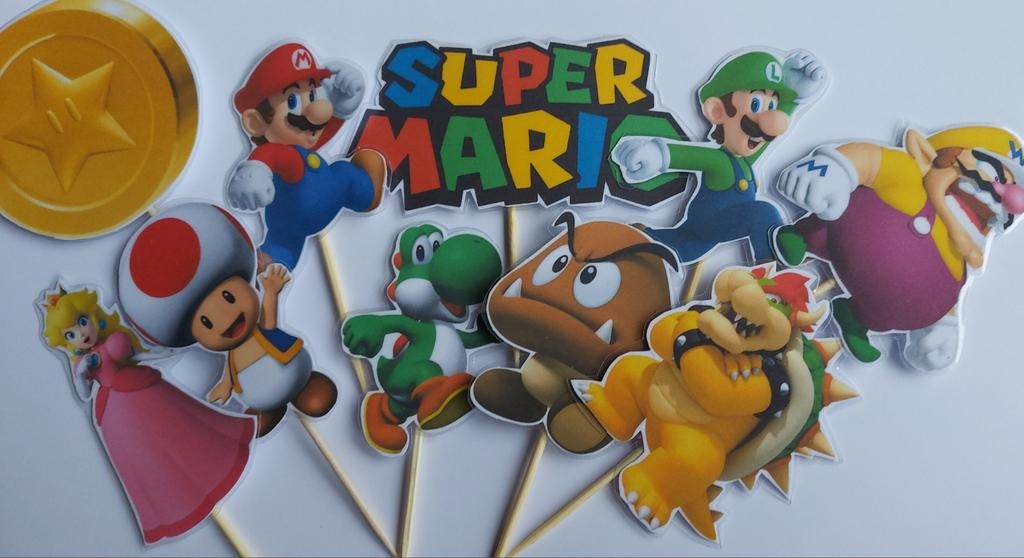 Set van 10 Super Mario cupcake traktatie prikkers, Ophalen of Verzenden, Nieuw, Versiering, Verjaardag