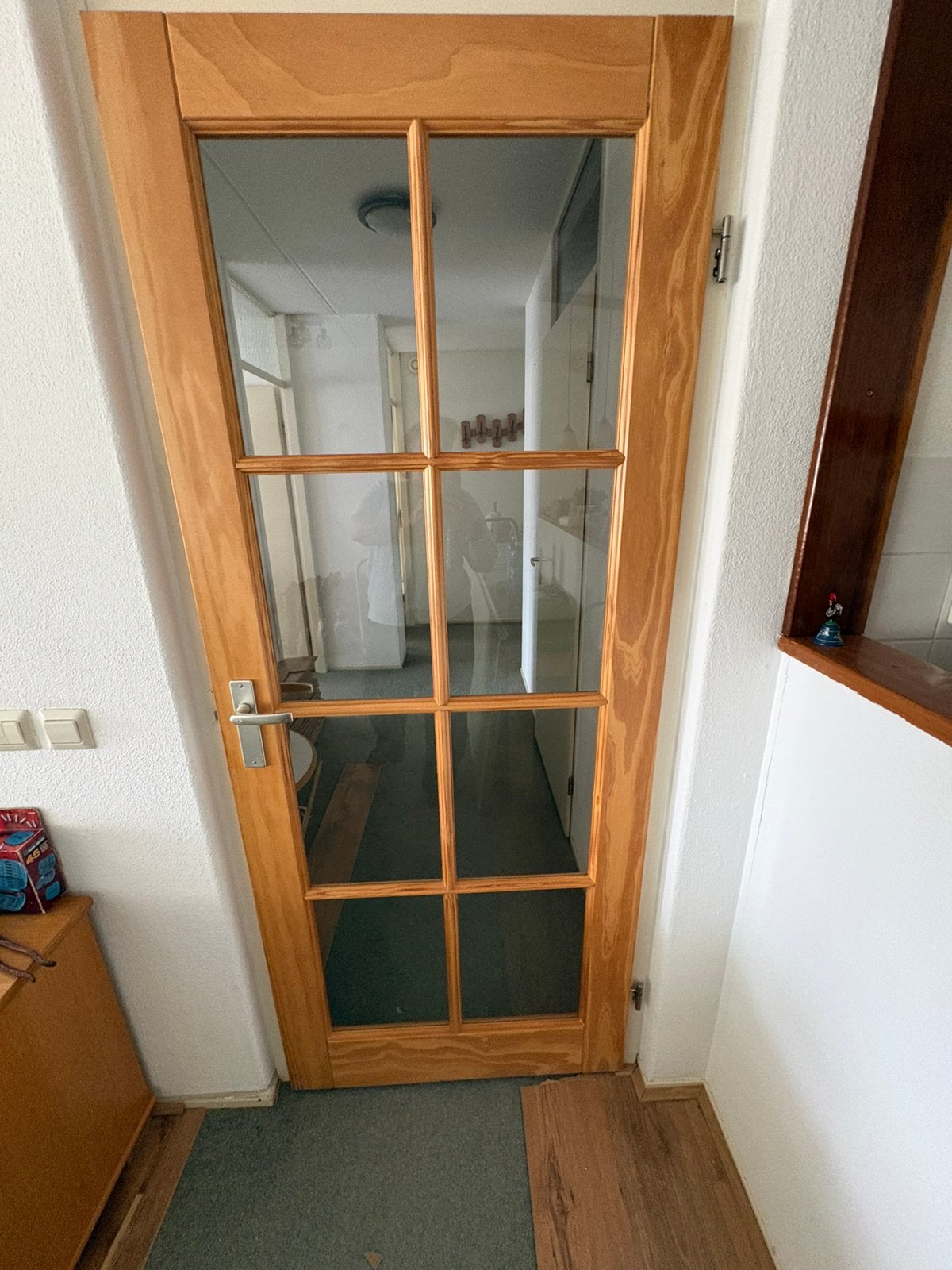 Houten binnendeur met glas – grenen – 8-ruits, Ophalen, Gebruikt, 80 tot 100 cm, Binnendeur