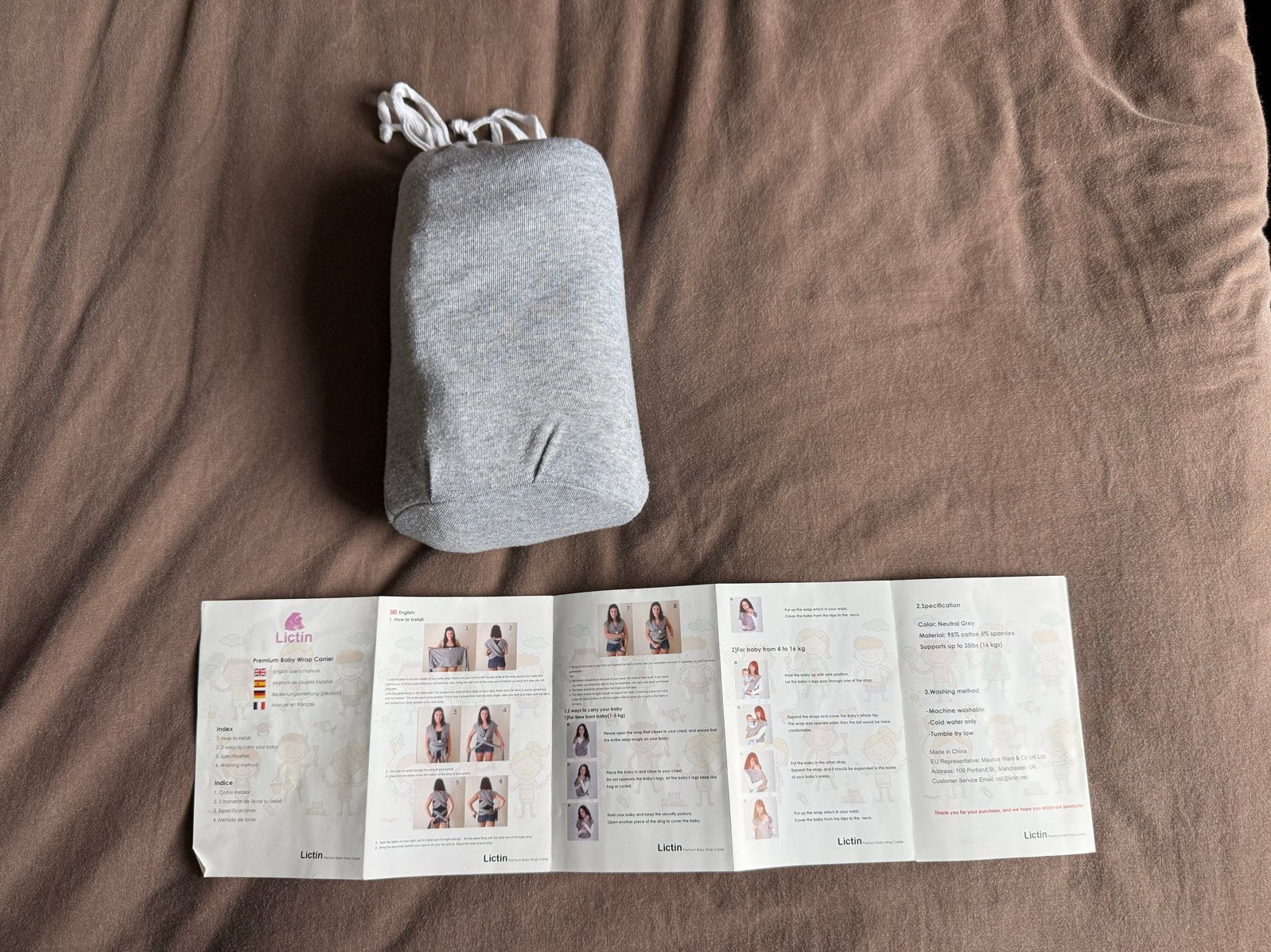 Lictin Premium Baby Wrap Carrier - Grijs, Overige merken, Draagdoek, Buik of Rug, Ophalen of Verzenden