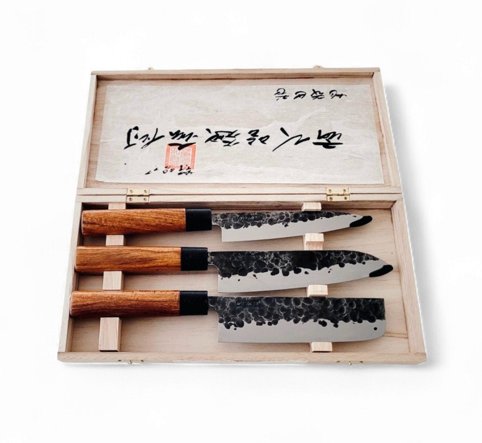 Nieuwe Japanse Messenset 3-delig – Gehamerde Keukenmessen –, Overige typen, Nieuw, Ophalen of Verzenden, Metaal