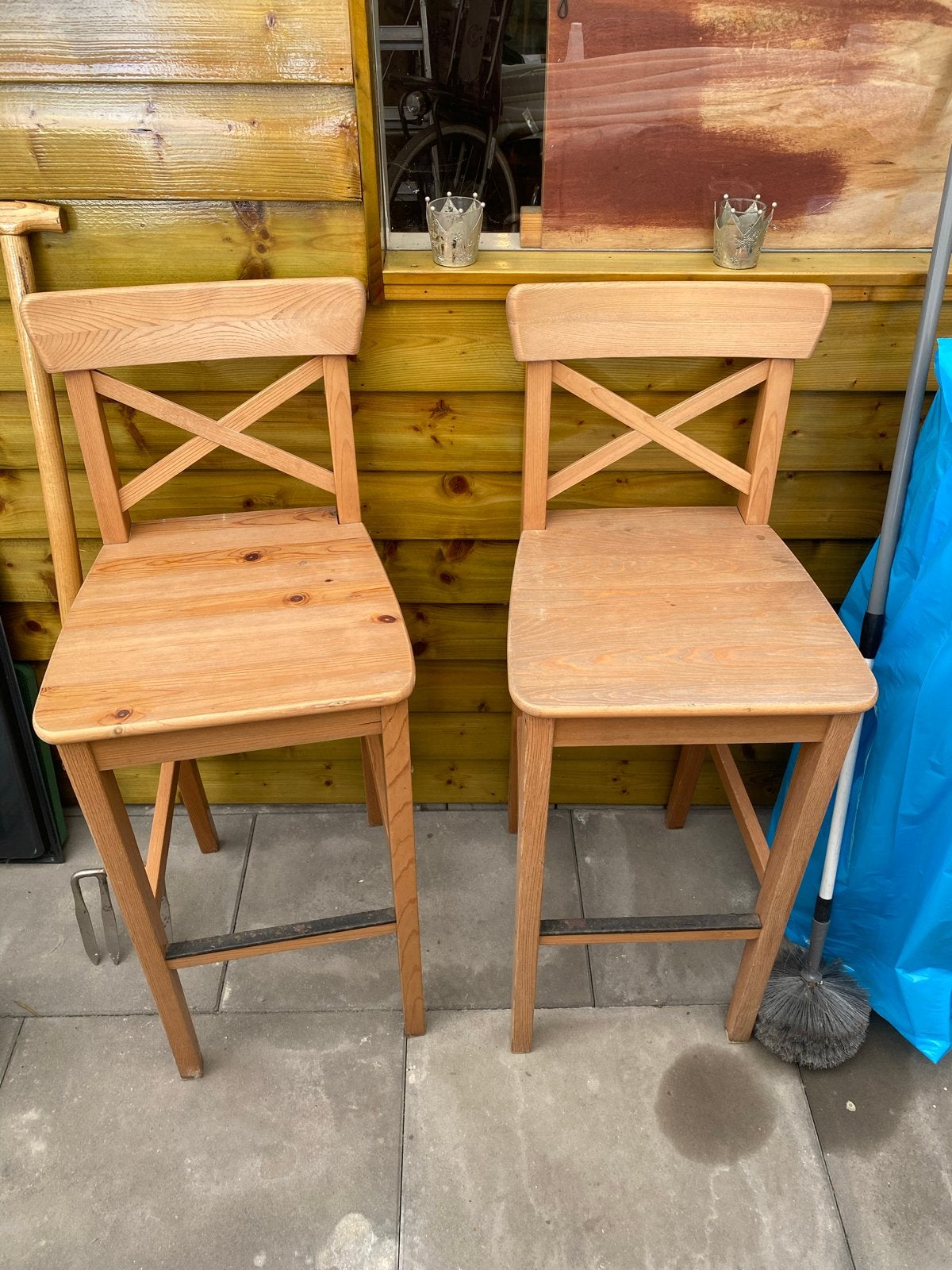 Set van 2 houten barkrukken met metalen voetsteun, Ophalen, Gebruikt, Twee, Overige kleuren