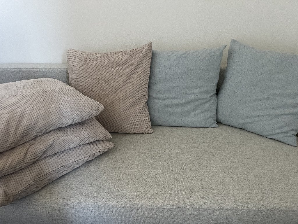 Set van 7 sierkussens 55x55 cm – beige & lichtgrijs, Ophalen, Beige, Vierkant, Inclusief binnenkussen
