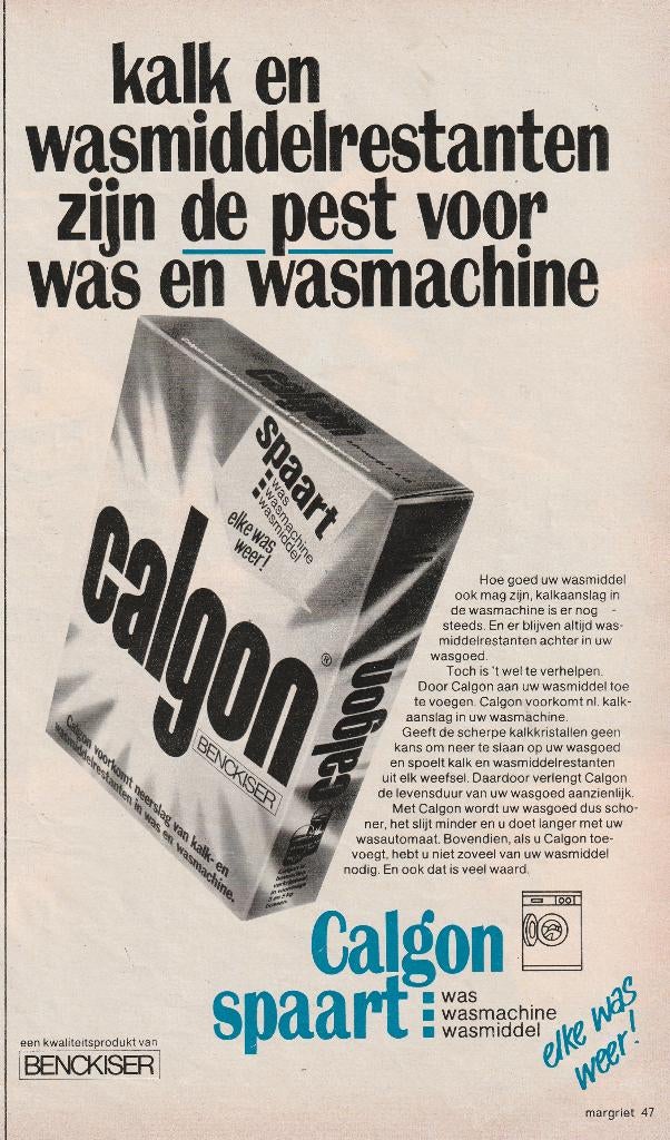 Retro reclame 1974 Calgon spaart wasmiddel en wasmachine, Verzenden, Overige typen