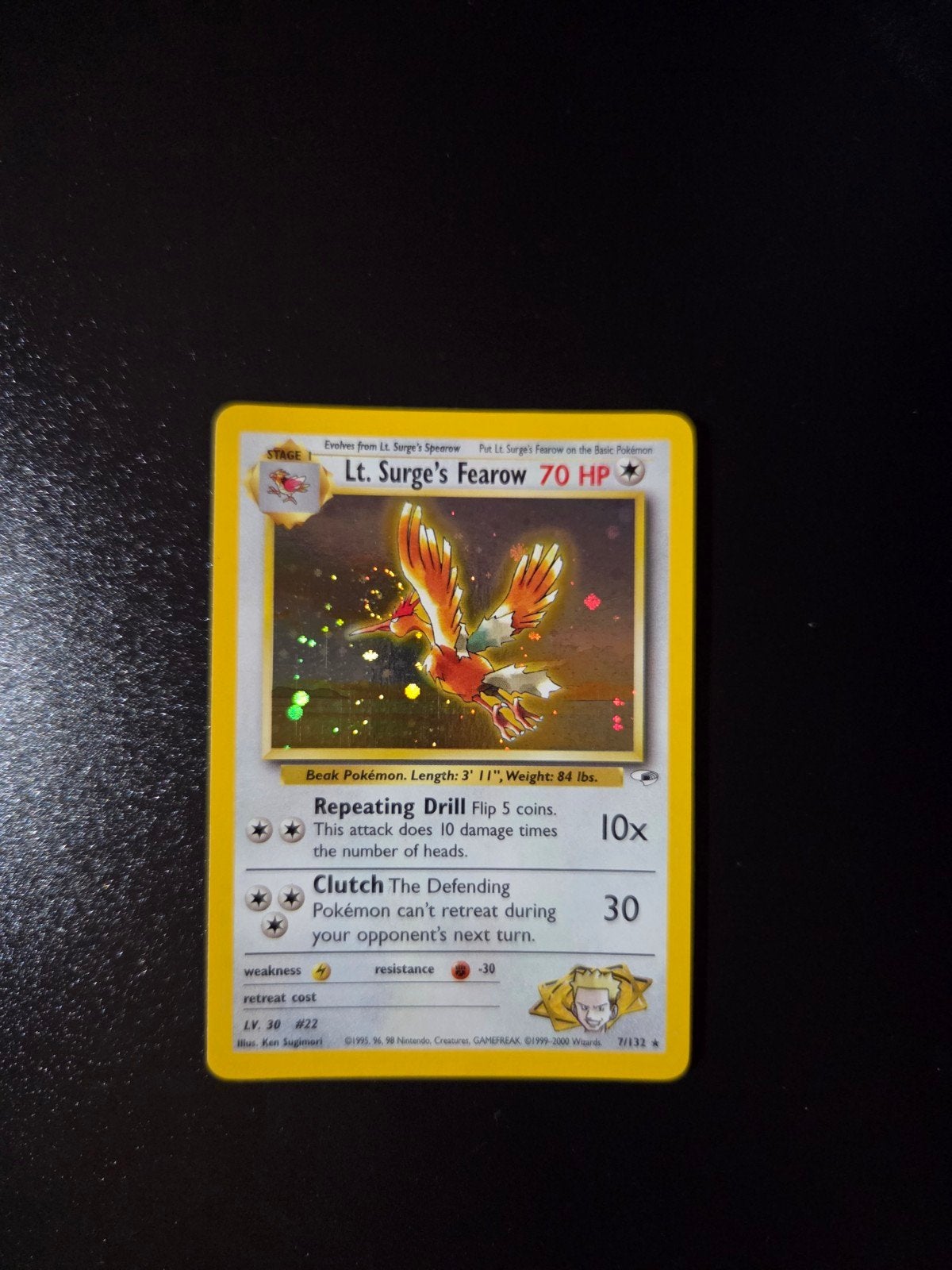 Lt Surge's Fearow 7/132 Pokemon Gym Heroes holo swirl, Ophalen of Verzenden, Zo goed als nieuw, Booster, Foil