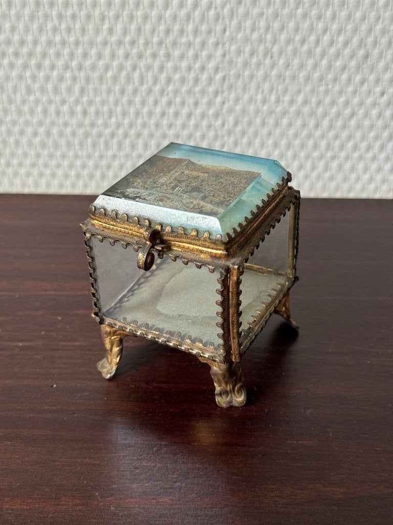 Antieke Napoleon III Juwelenkist, Frankrijk Lourdes, Glas, Ophalen of Verzenden
