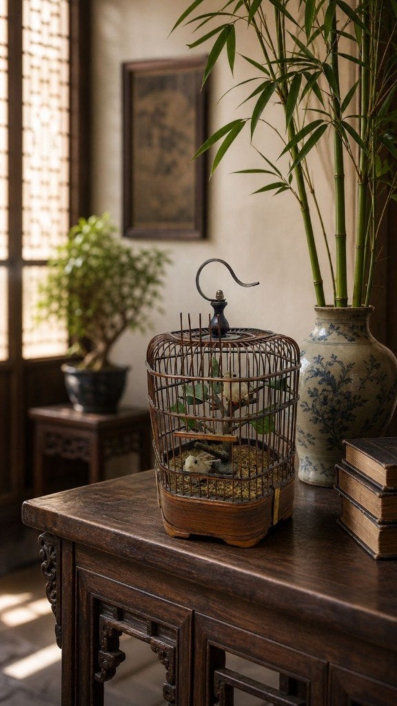 Chinese bamboe zangvogelkooi - decoratief -  vintage, Ophalen of Verzenden