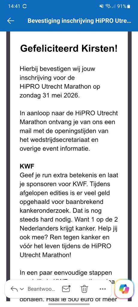 Startbewijs Utrecht marathon, Sport en Fitness, Loopsport en Atletiek, Ophalen of Verzenden, Nieuw, Overige typen, Overige merken