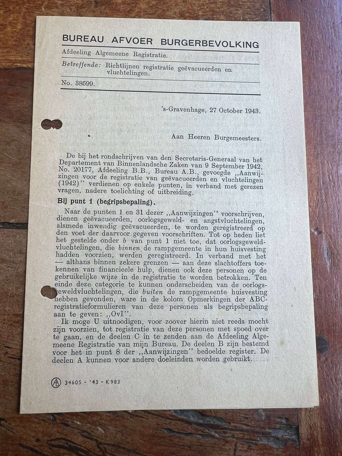 WO2 Instructie geëvacueerden vluchtelingen PB bezetting 1943, Verzamelen, Verzenden, Nederland, Boek of Tijdschrift